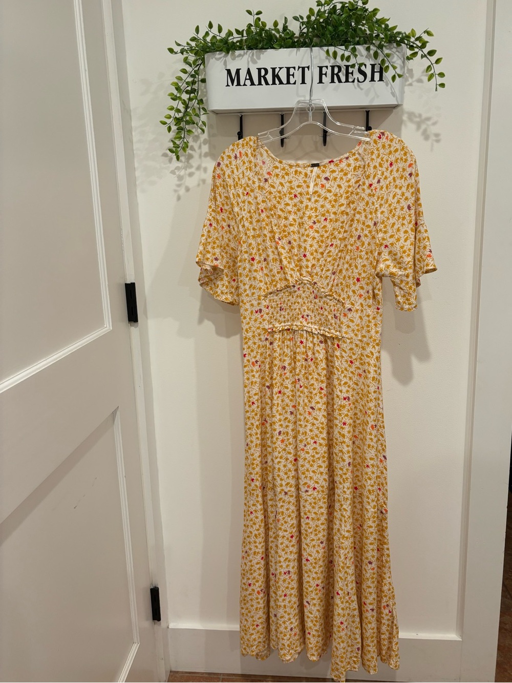 Free People In Full Bloom Midi Dress Goldenrod Ivory Floral Smocked Boho Women S - Picture 7 of 16